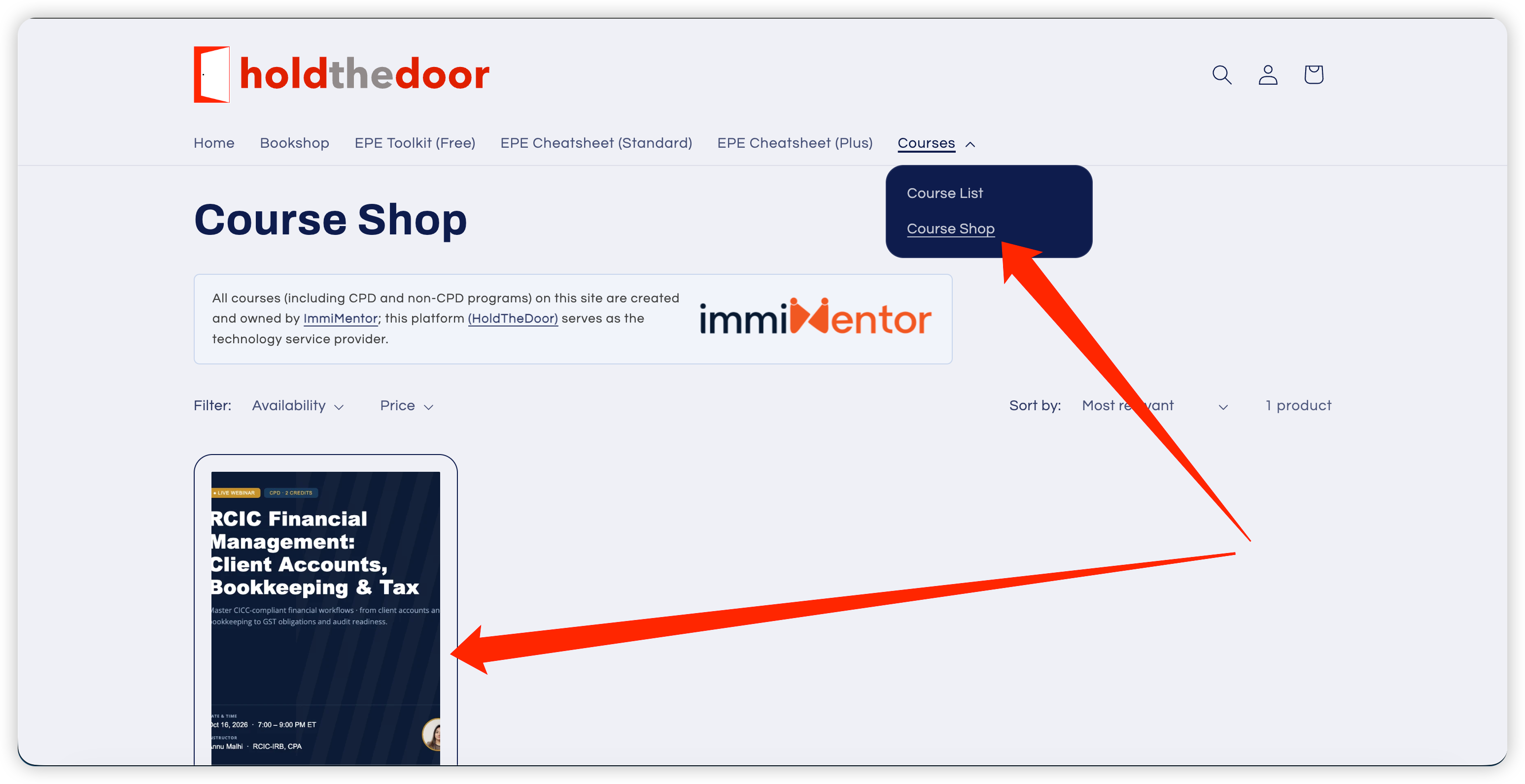 Navigate to Course Shop from Courses menu