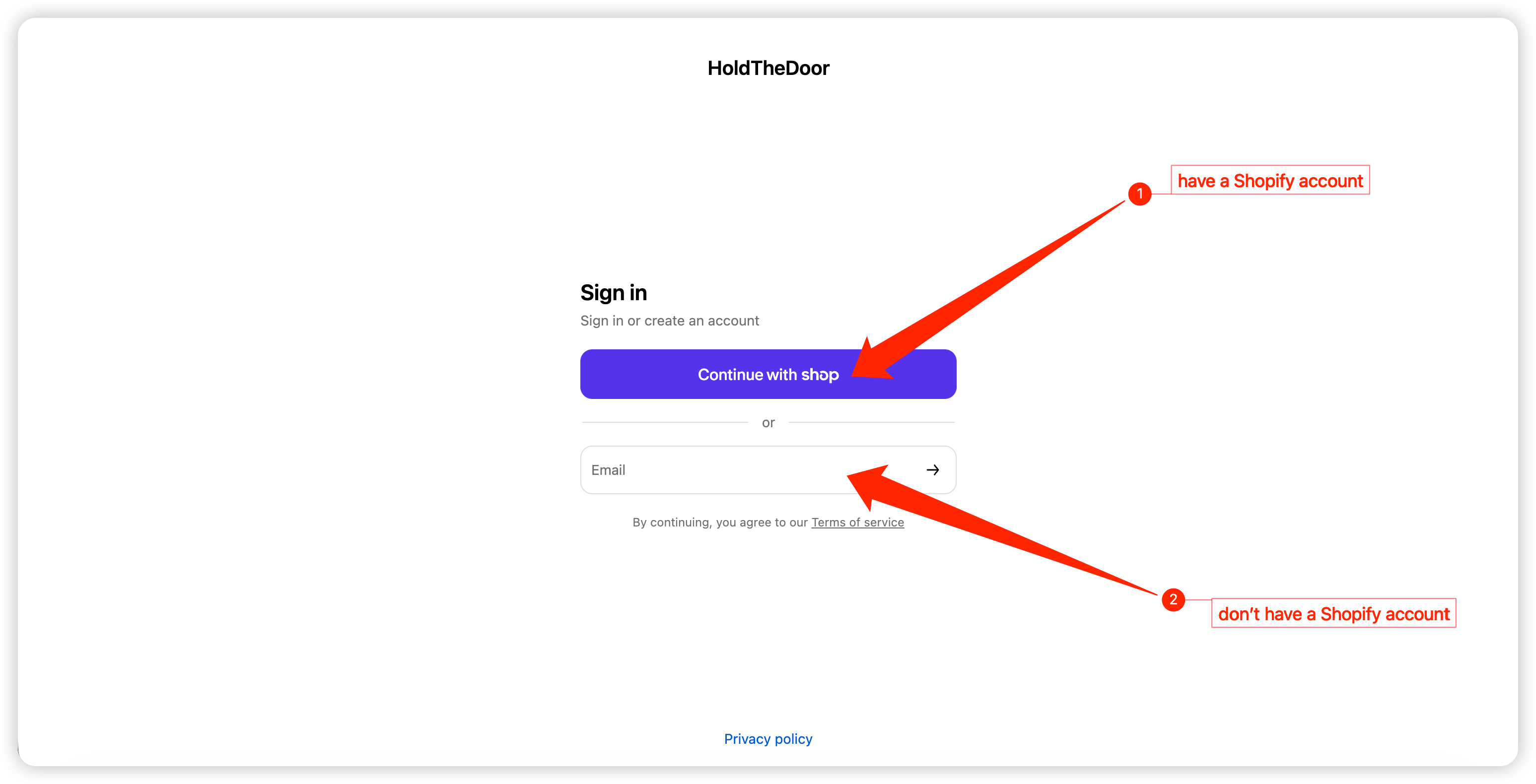 Sign in page — Continue with Shop or enter email