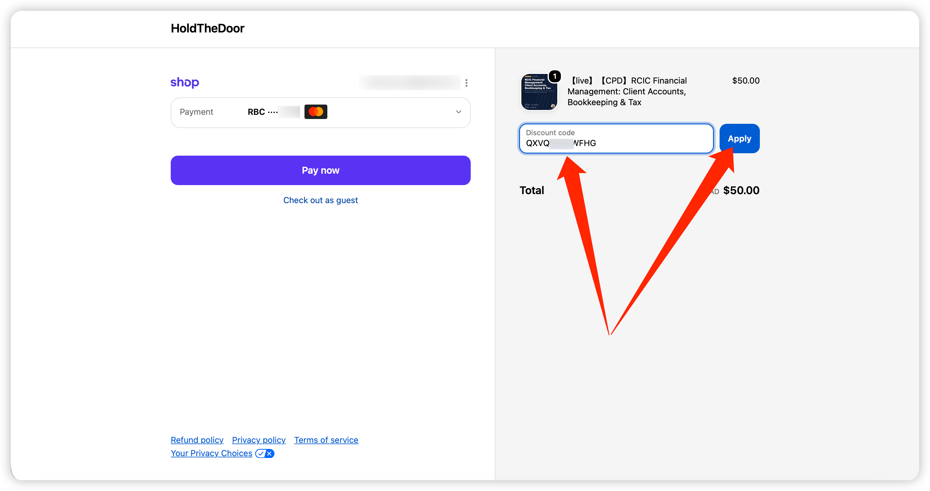 Checkout page showing the Discount code field
