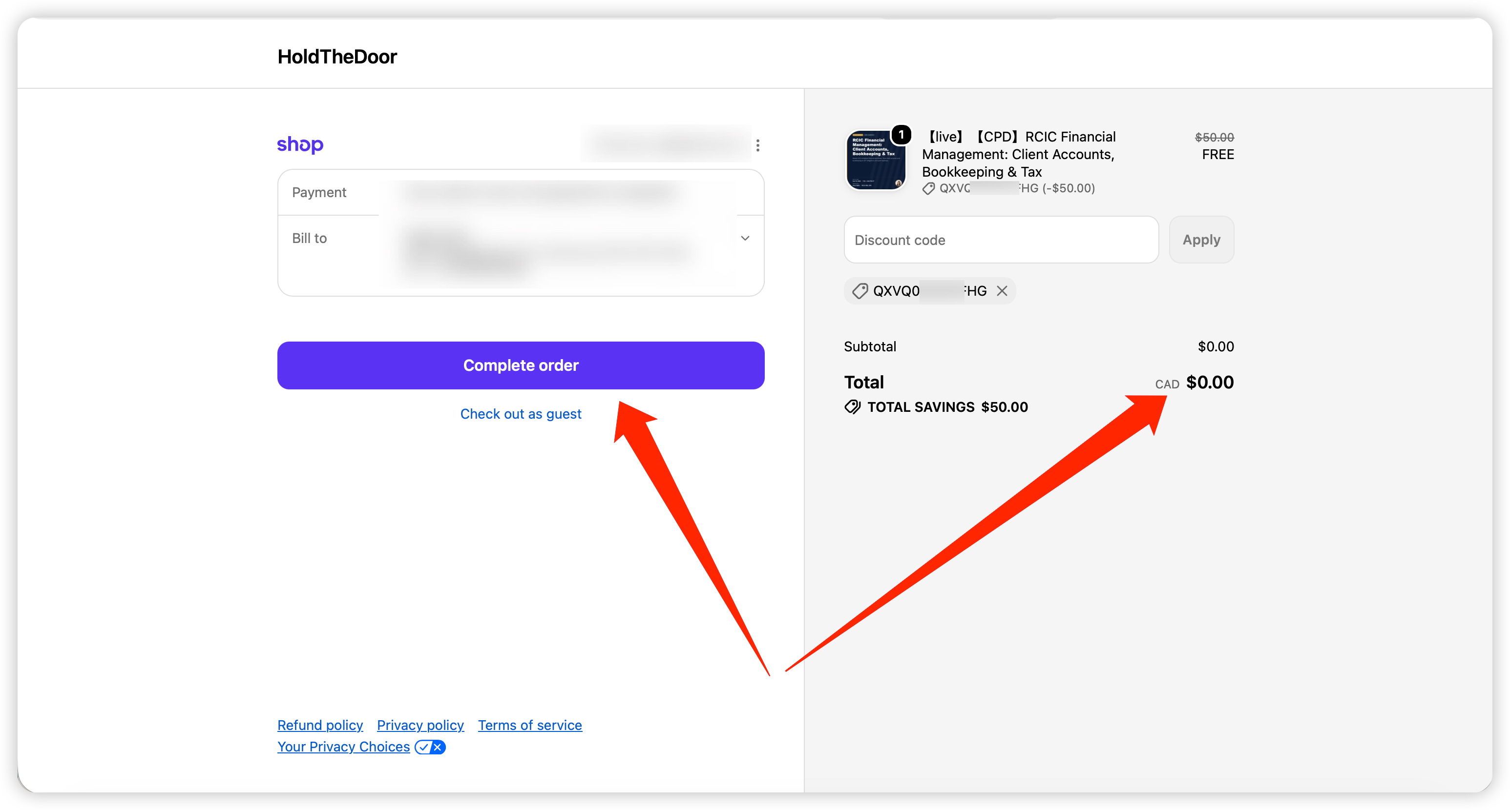 Discount code applied — total updated to $0.00