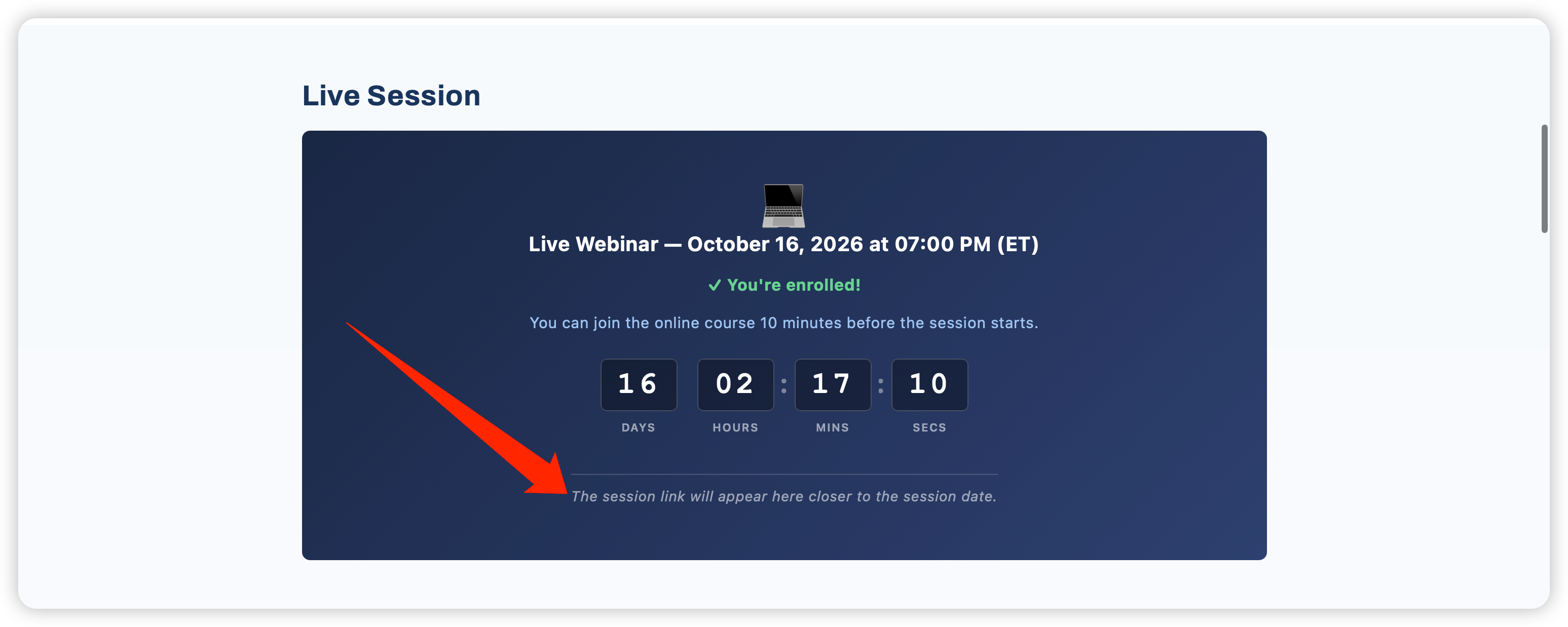 Live Session section on course page