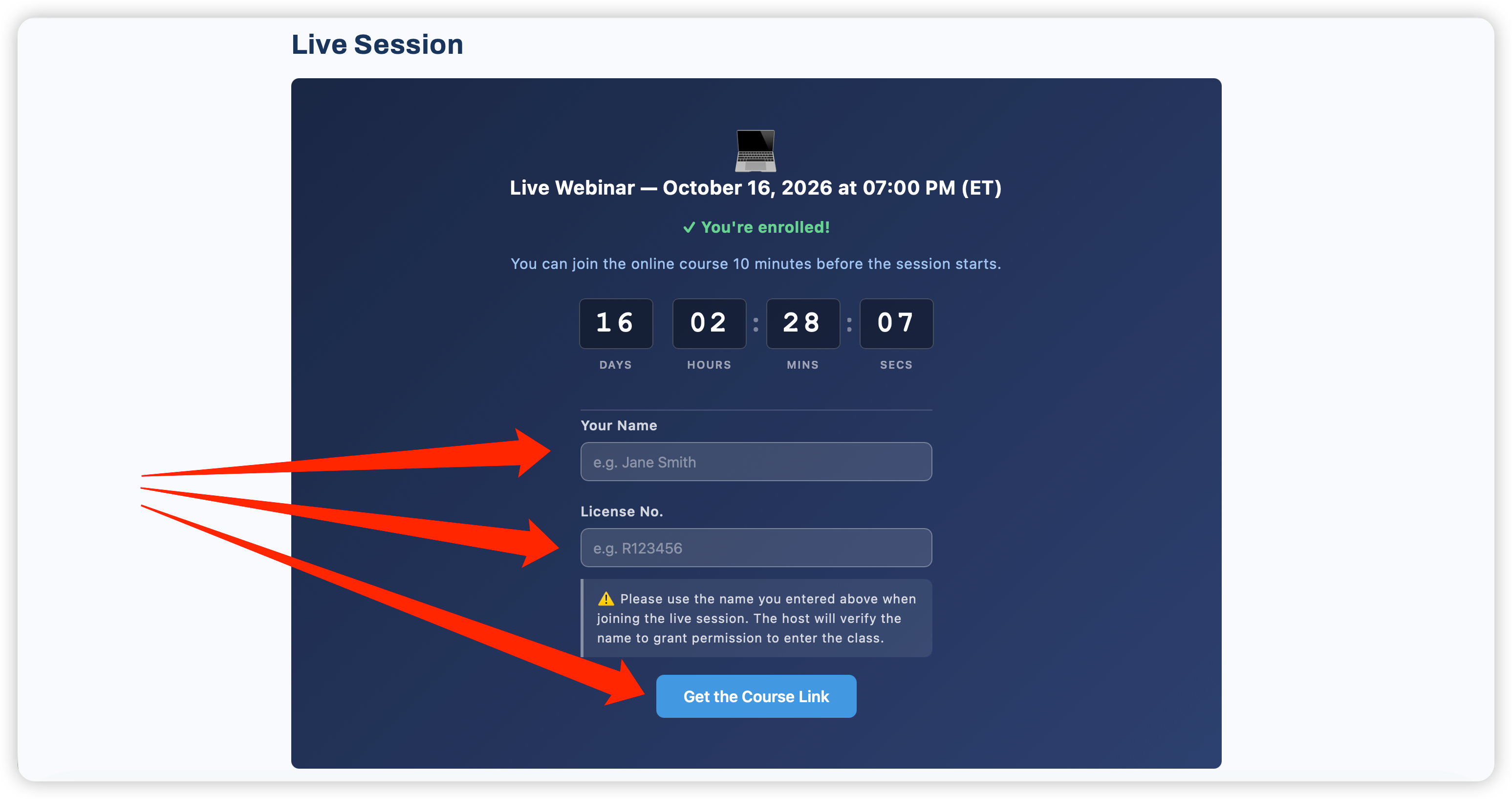 Live Session section — enter Full Name and License No.