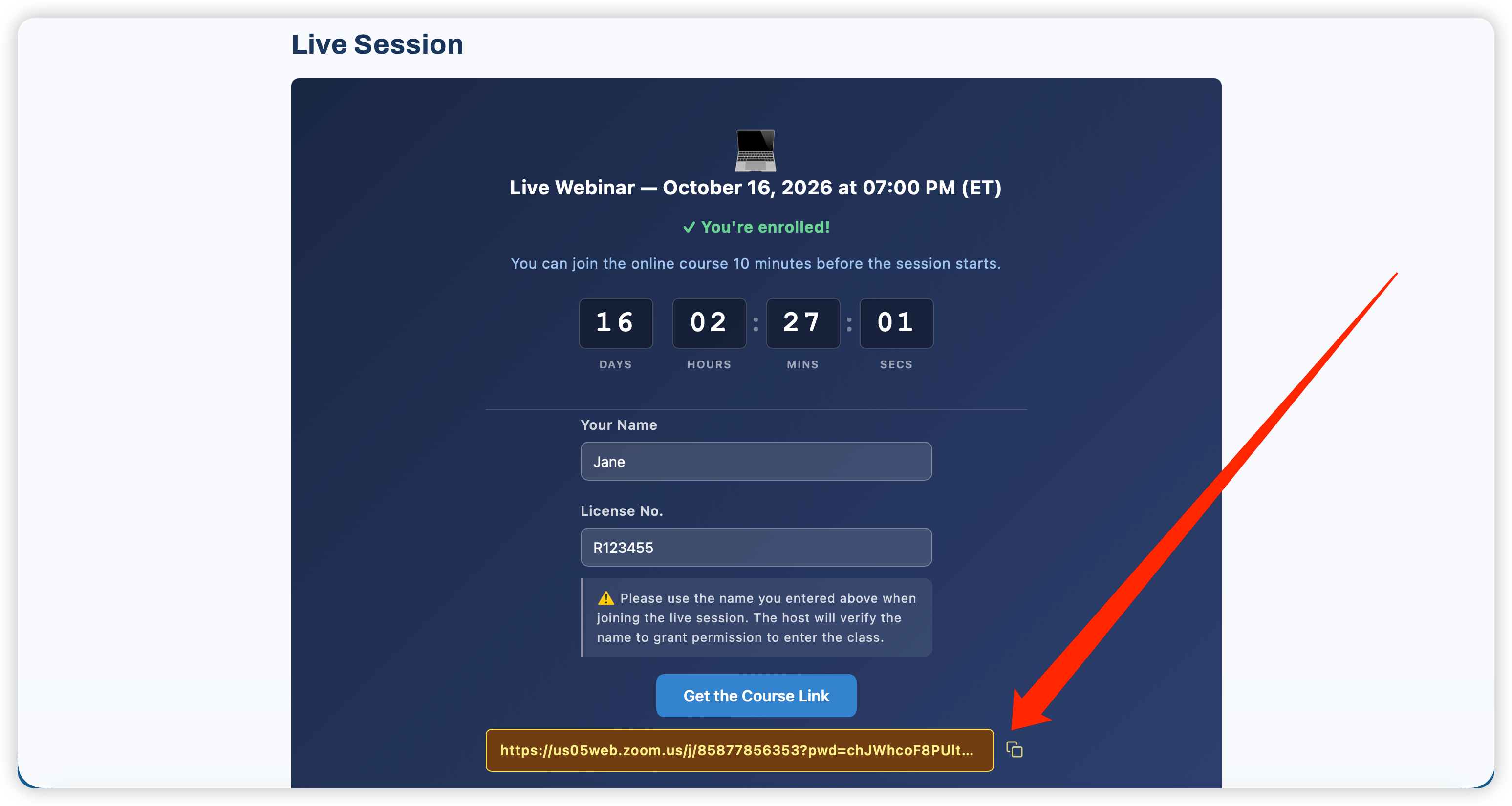 Live Session section — Zoom link revealed after submitting details