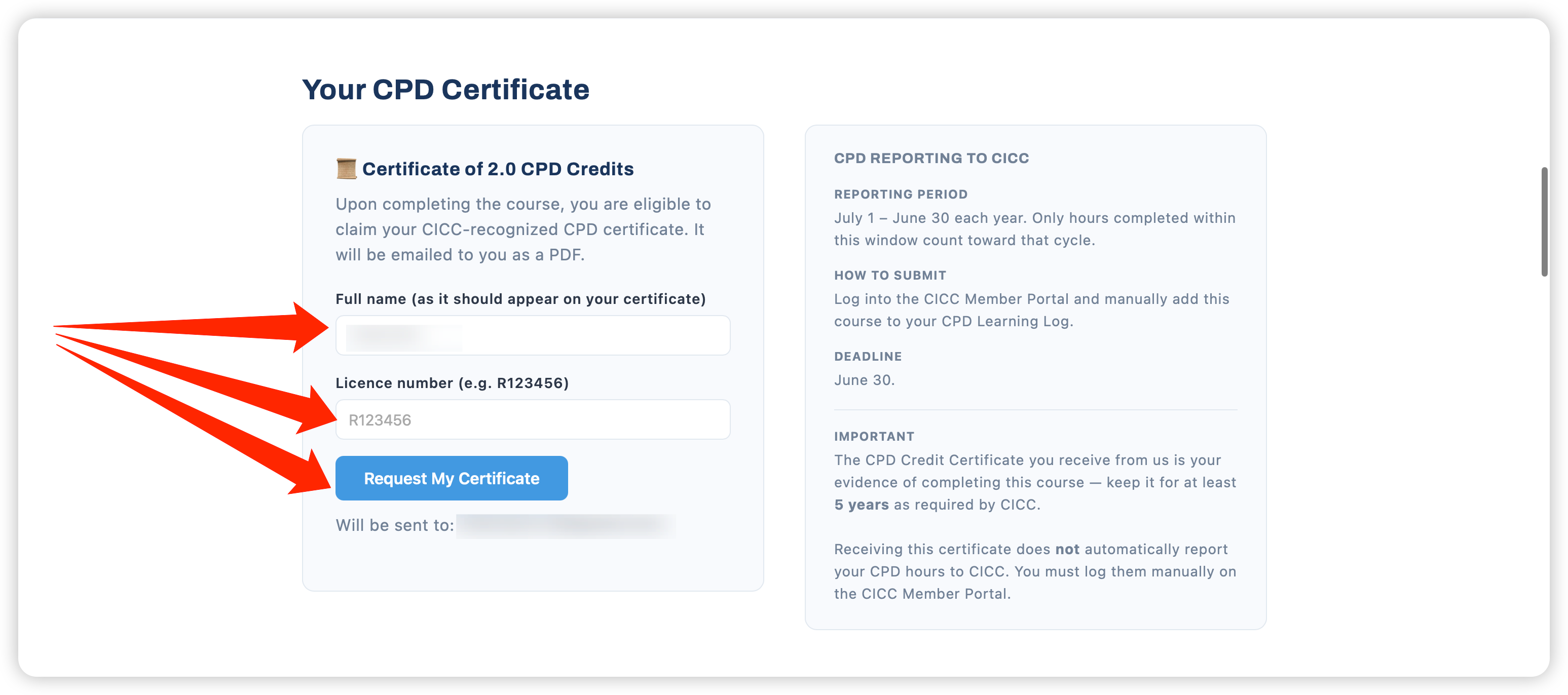 Your CPD Certificate section — fill in Full Name and Licence number